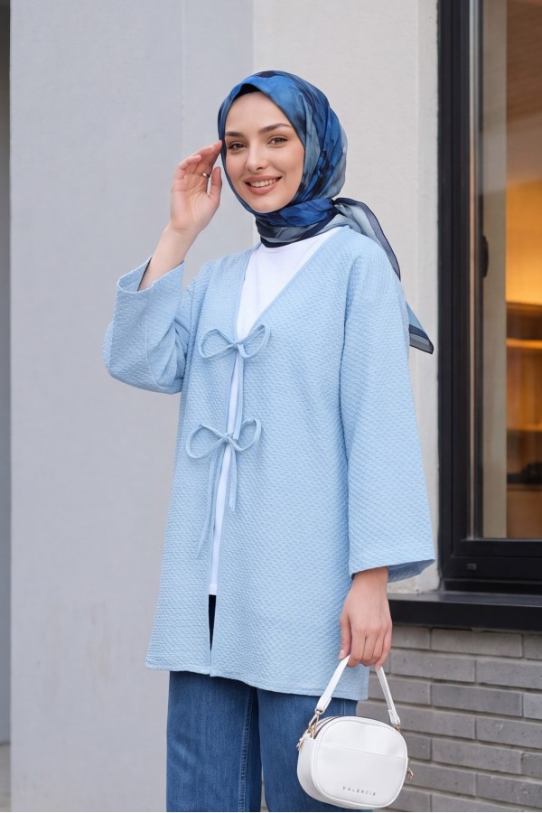 Honeycomb Pattern Kimono with Double Lace Front -Baby Blue