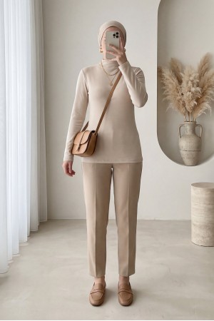 Dik Yaka Uzun Kol İçlik Bluz -Bej