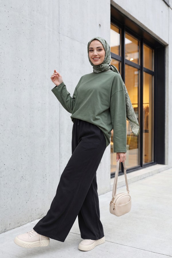 Crew Neck Long Sleeve Oversize Cotton Sweatshirt -Khaki