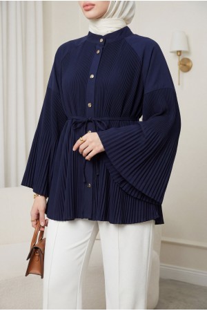 Gold Düğmeli Önü Ve Kolları Pliseli Bağcıklı Gömlek -Laci