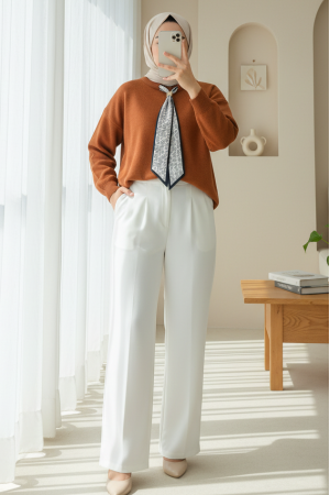 Yuvarlak Yaka Fularlı Salaş Triko Tunik -Kiremit