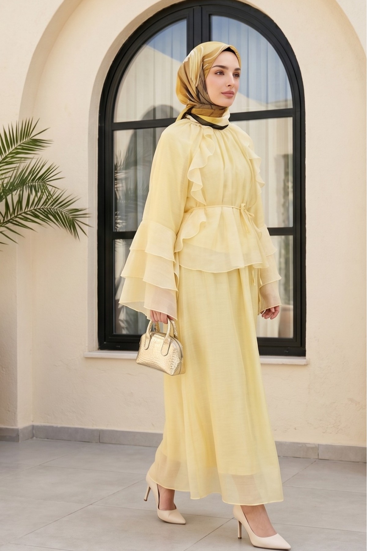 Cupra Suit with Ruffled Front, Spanish Sleeves, Lined, and Lace-Up Skirt -Yellow