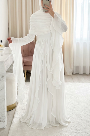 Strapless Ruffled Draped Silky Organza Evening Dress -Ecru