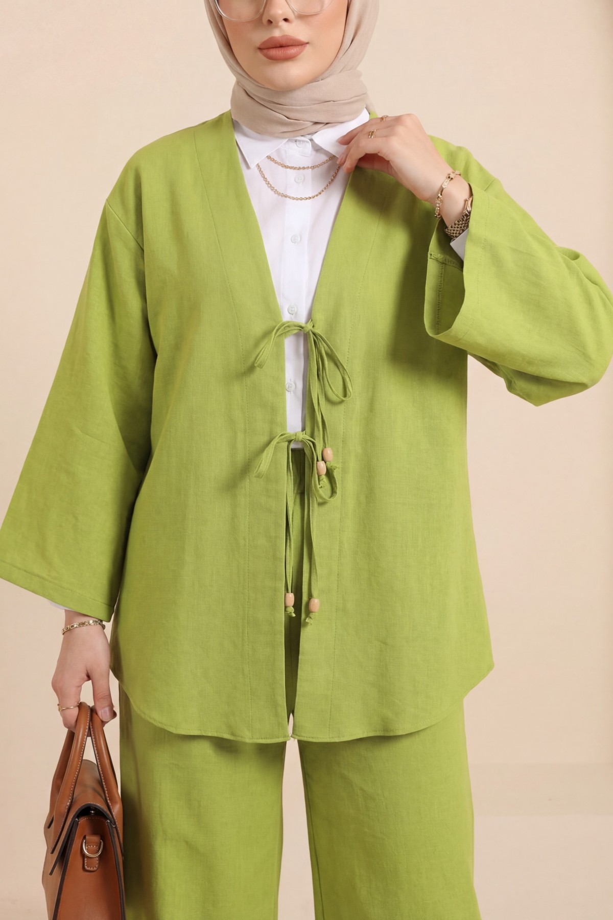 Kimono Set with Double Front Tie and Trousers -Oil Green