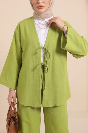 Kimono Set with Double Front Tie and Trousers -Oil Green