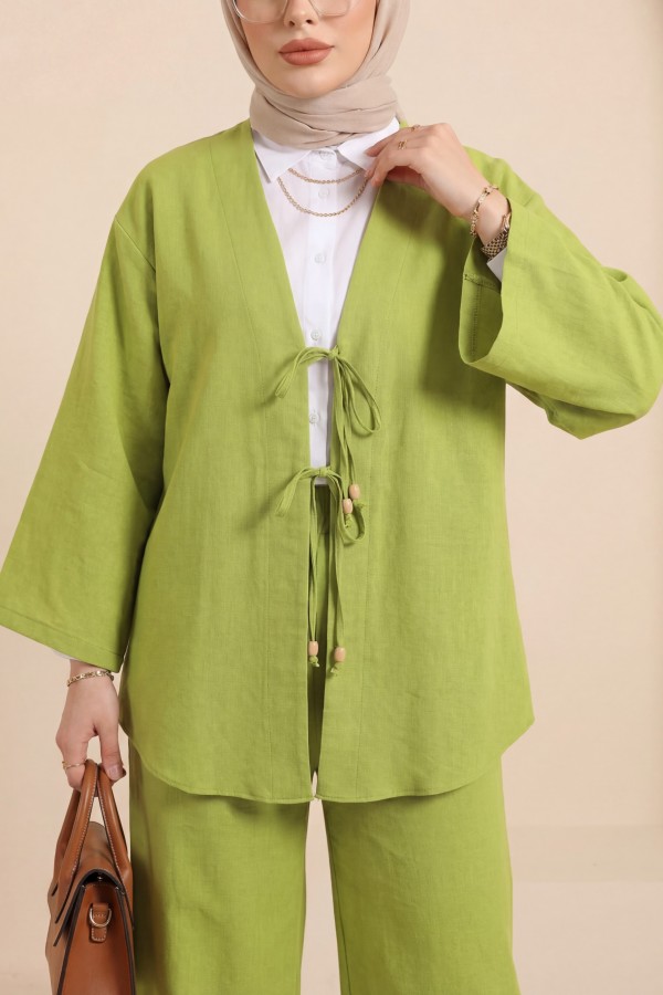 Önü Çift Bağlamalı Pantolonlu Kimono Takım -Yağ Yeşili