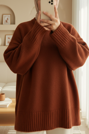 Crew Neck Skirted Ribbed Casual Knitwear Sweater           -Brick color