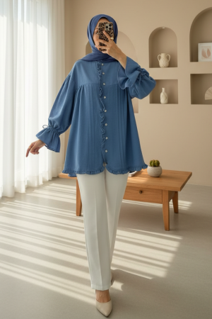 Modal Fabric Shirt with Laced Sleeves and Stoned Buttons -İndigo
