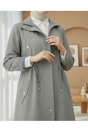 Tünel Bağcıklı Üst Cep Detaylı  Astarsız Yıkamalı Organik Koton Trenckot   -Gri