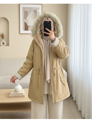 Kürklü Çıkma Kapşonlu İçi Peluşlu Mont -Vizon
