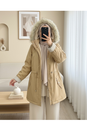 Furry Hooded Coat with Plush Inside -Mink color