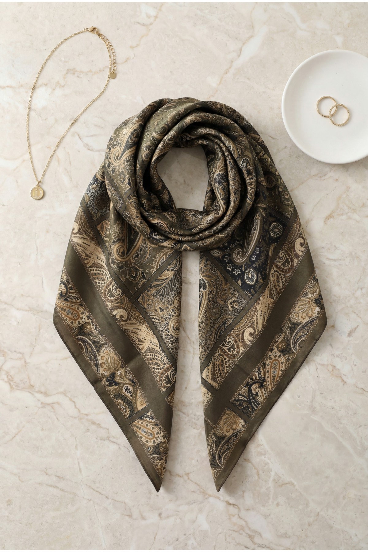 Geometric Framed Rayon Scarf -Brown