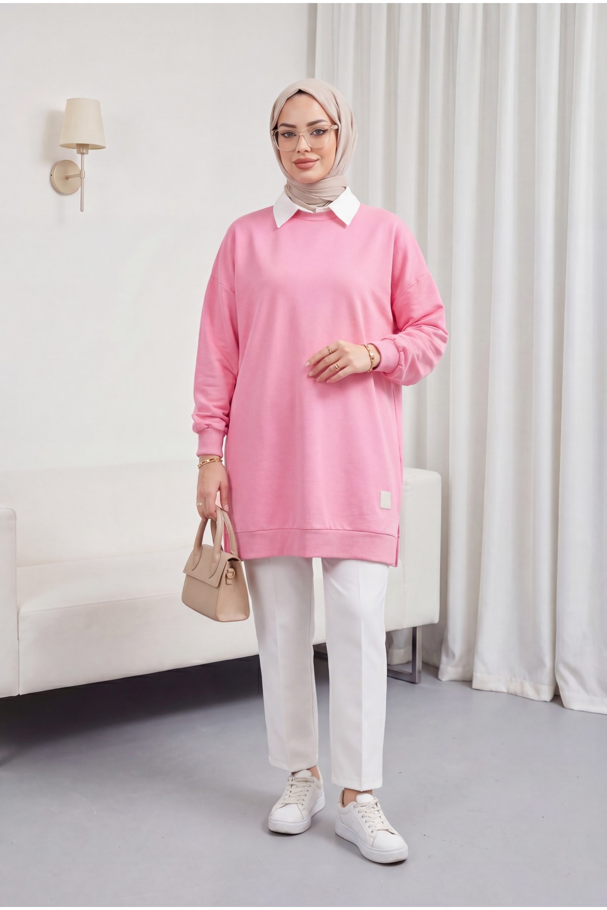 Crew Neck Slit Sweatshirt  -Pink