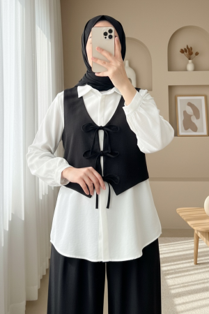 Önü Bağlamalı Yelek Pantolon İkili Takım   -Siyah