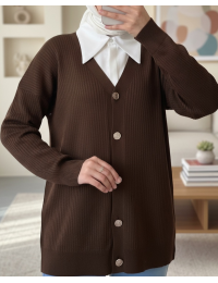 Düğmeli Fitilli Triko Hırka  -K. Kahve