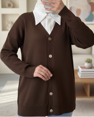 Buttoned Ribbed Knitwear Cardigan -Dark Coffee