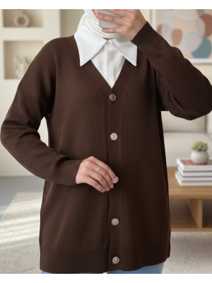 Düğmeli Fitilli Triko Hırka  -K. Kahve