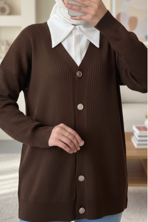 Buttoned Ribbed Knitwear Cardigan -Dark Coffee