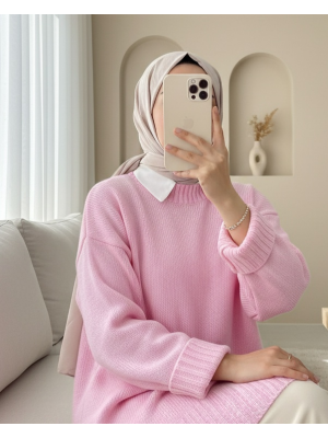 Eteği Ve Kolu Fitilli Salaş Triko Kazak -Pembe