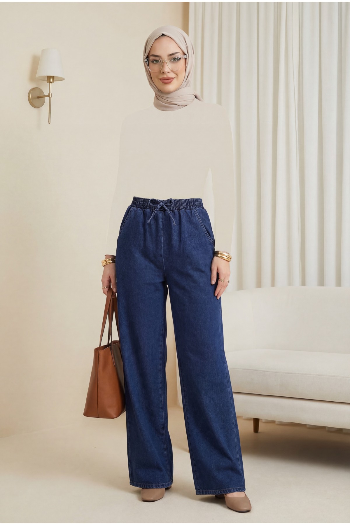 Elastic Waist Wide Leg Jeans with Pockets    -Navy blue