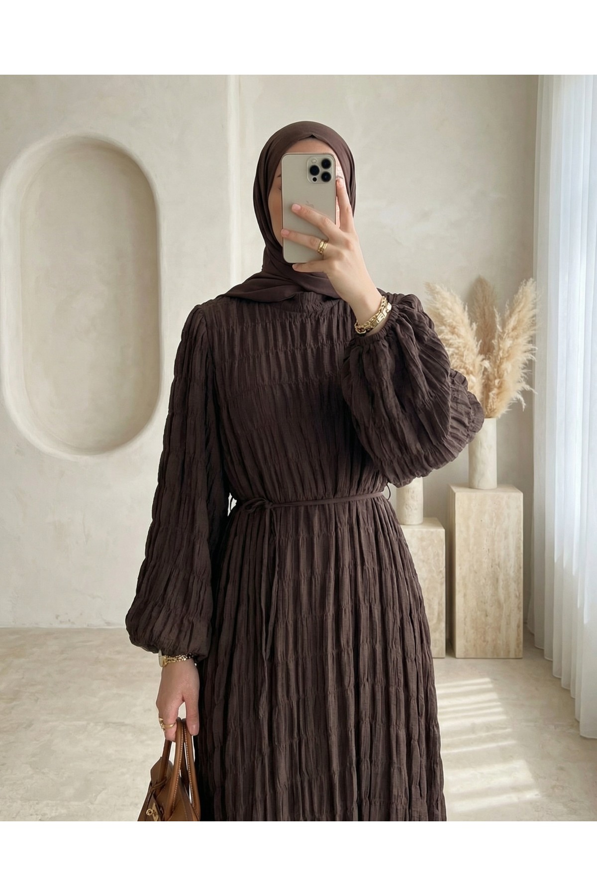 Lined Modal Dress with Elasticated Sleeves -Dark Coffee