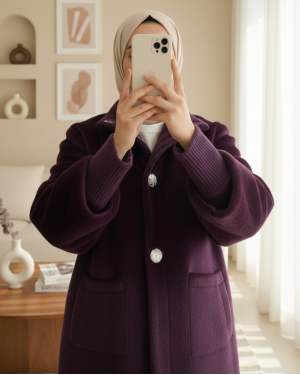 Kolu Ribanalı Çıtçıtlı Astarlı Kaban  -Mürdüm