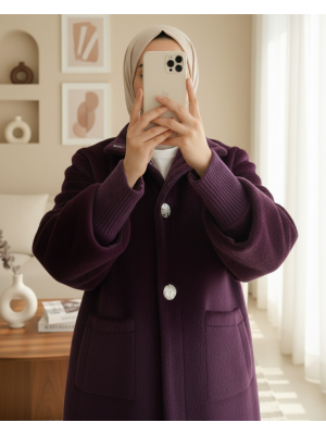 Kolu Ribanalı Çıtçıtlı Astarlı Kaban  -Mürdüm