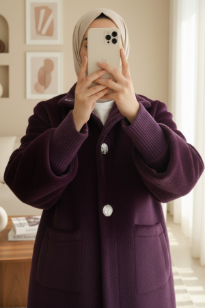 Kolu Ribanalı Çıtçıtlı Astarlı Kaban  -Mürdüm