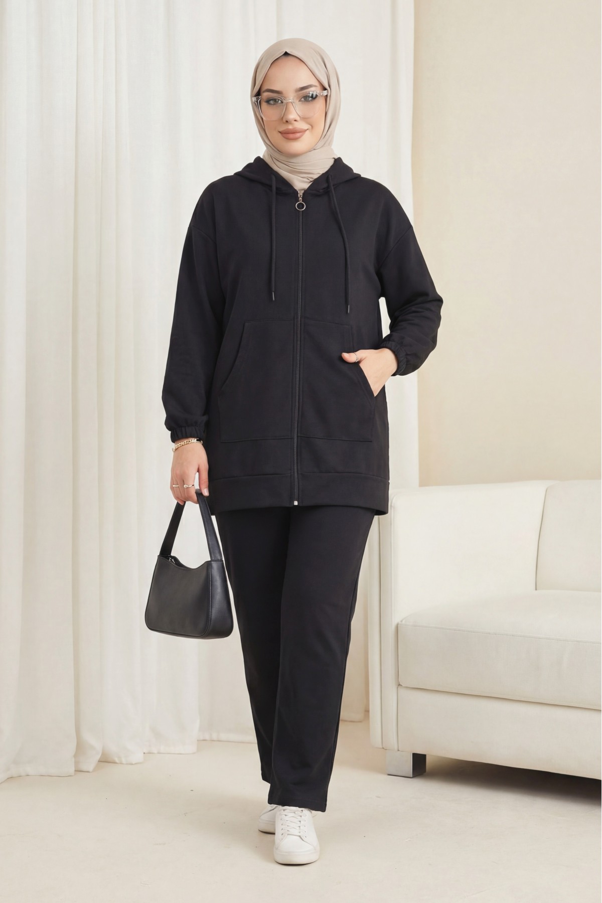 Zippered Hooded Combed Cotton Set -Black