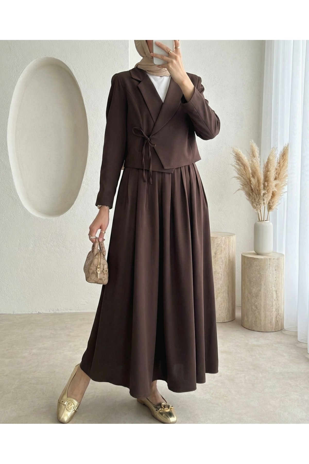 Front-tie Skirt and Jacket Two-Piece Set -Dark Coffee