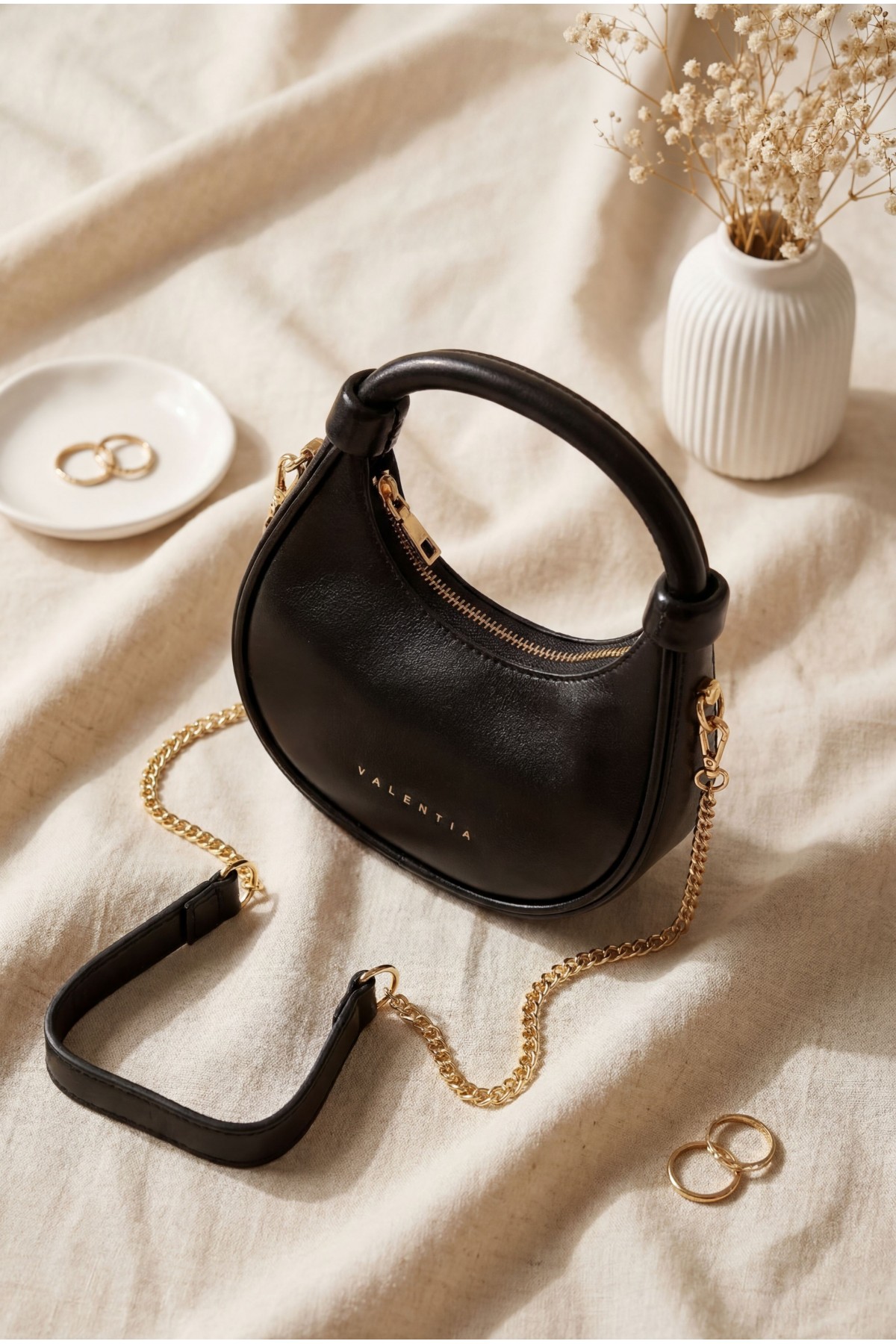 Modern Design Mini Hobo Bag with Knotted Handle and Shoulder Strap -Black