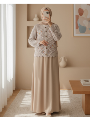 Çiçek Nakışlı Ponponlu Ajurlu Triko Hırka   -Taş