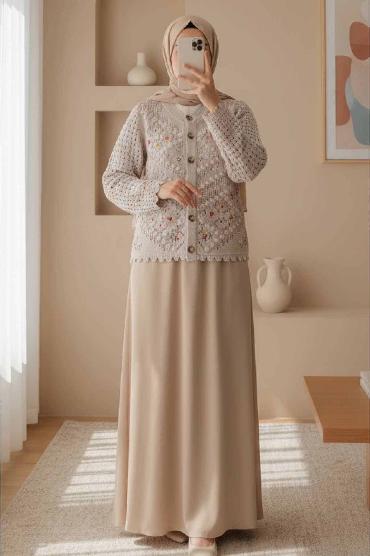 Floral Embroidered Pompom Openwork Knitted Cardigan   -Stone