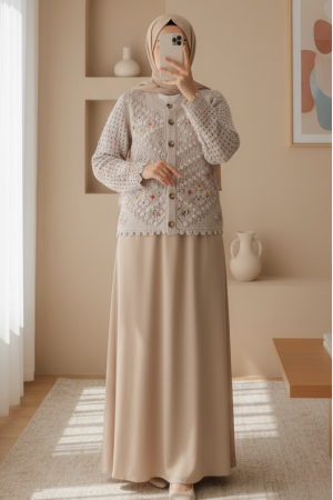 Floral Embroidered Pompom Openwork Knitted Cardigan   -Stone