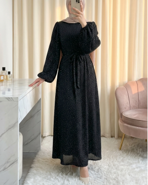 Mandarin Collar Belted Dress with Stone Embellishments and Lining -Black