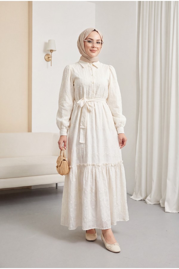 Half Buttoned Waist Tied Lined Dress -Ecru