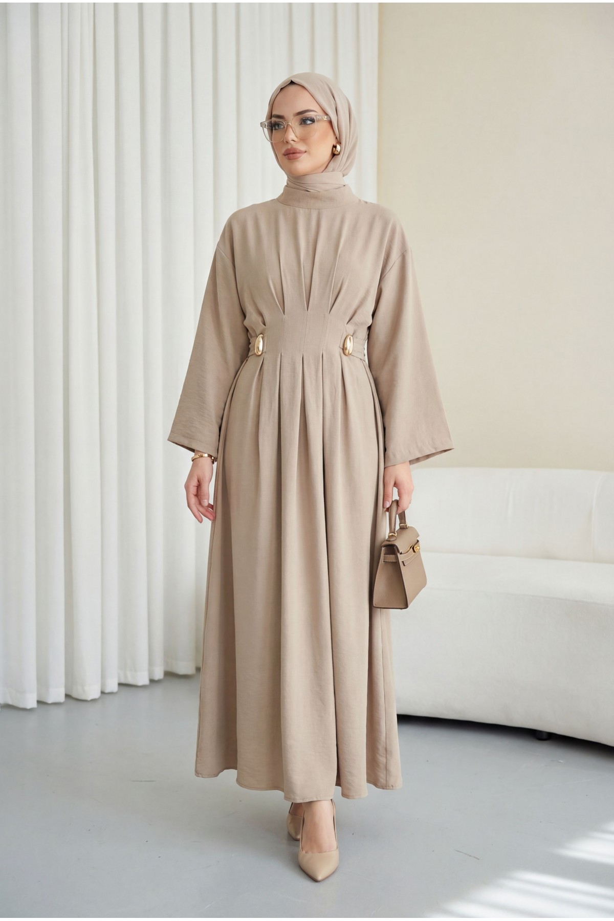 Pleated Modal Dress with Belt and Buckle Detail   -Mink color