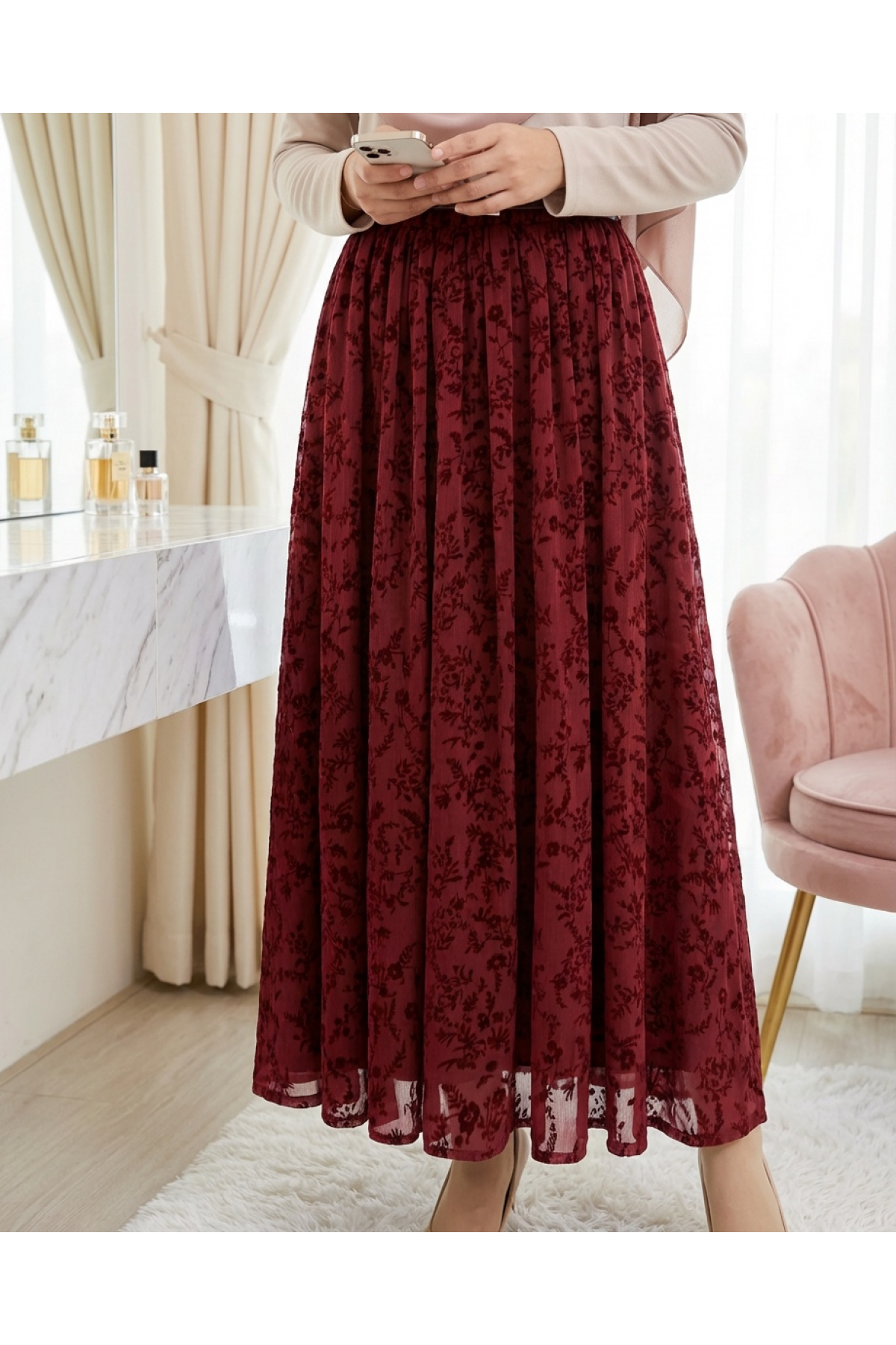 Astarlı Kemerli Kabartma Desenli Organze Etek -Bordo