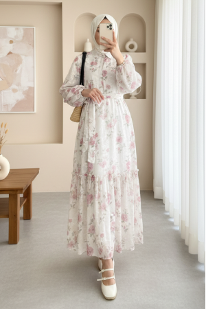 Half-Buttoned Lined Dress with Waist Belt -Cream color