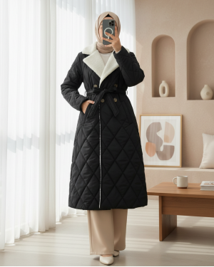 Quilted Coat with Plush Collar and Inside Lining, Waist Belt and Pocket -Black