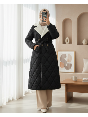 Quilted Coat with Plush Collar and Inside Lining, Waist Belt and Pocket -Black
