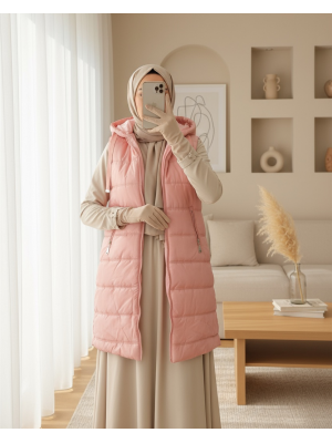 5140 Kapşonlu Uzun Şişme Yelek - Pembe