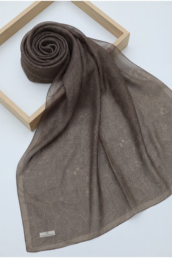 Fine Line Embroidered Cotton Scarf  -Light coffee