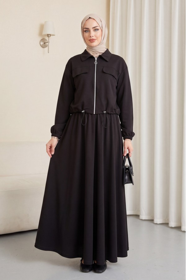 Oysho Set with Zipper, Elastic Waist, Shirt Collar, and Flap Pockets -Dark Coffee