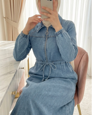 Denim dress with tunnel drawstring waist, half-zip, and elasticated cuffs. -Ice Blue