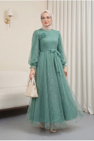 Kolu Lastikli Kuşaklı Simli Kabarık Tül  Abiye -Çağla Y.