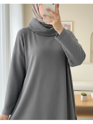 Balıkçı Yaka Yırtmaçlı Selanik Tunik   -Gri