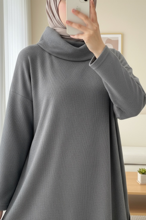 Balıkçı Yaka Yırtmaçlı Selanik Tunik   -Gri