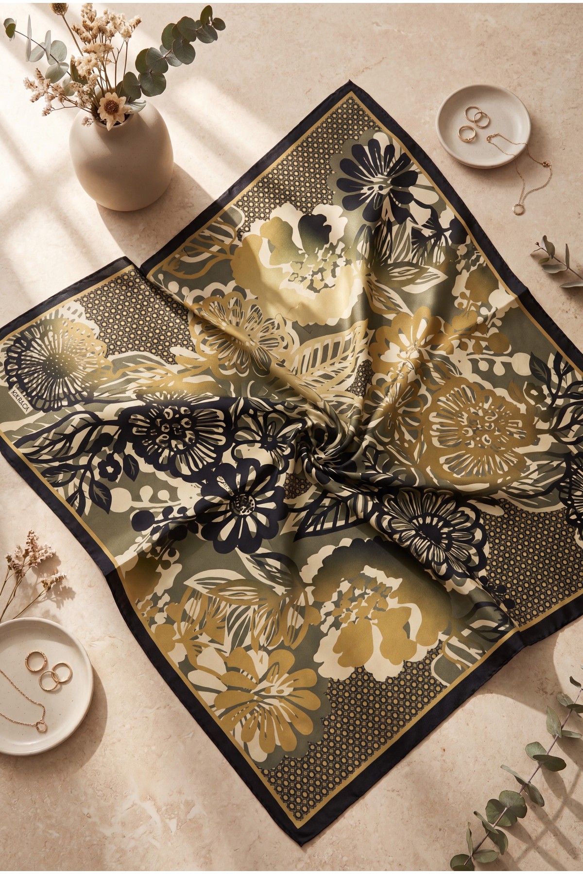 Botanical Effect Rayon Scarf -Dark green