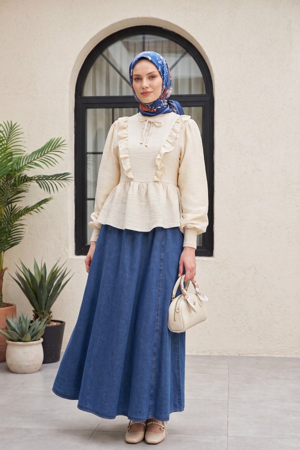 Denim Skirt with Side Pockets and Elastic Waistband -Dark blue
